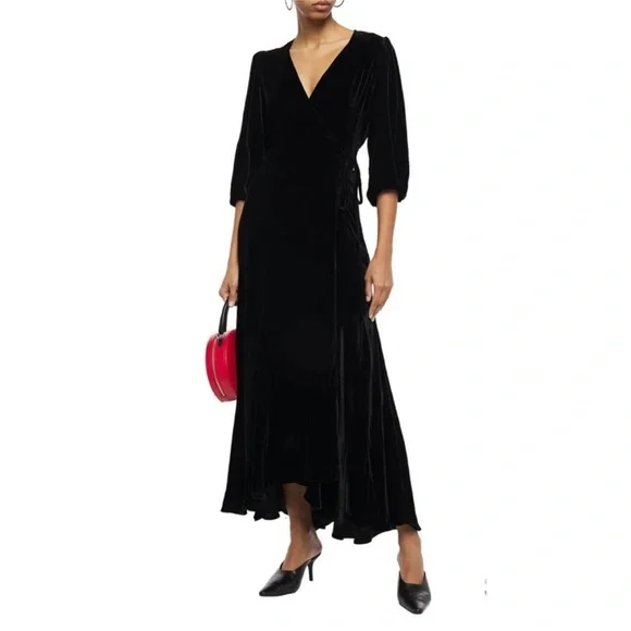 GANNI Aldine Silk Velvet Warp Dress in Black - Picture 2 of 16